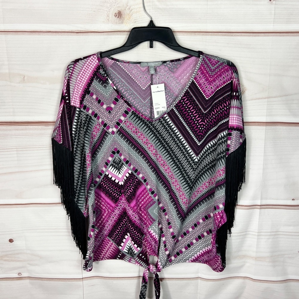 NY Collection Top Womens 1X‎ Purple Fringe Poncho Blouse Tie Waist Knit V-Neck